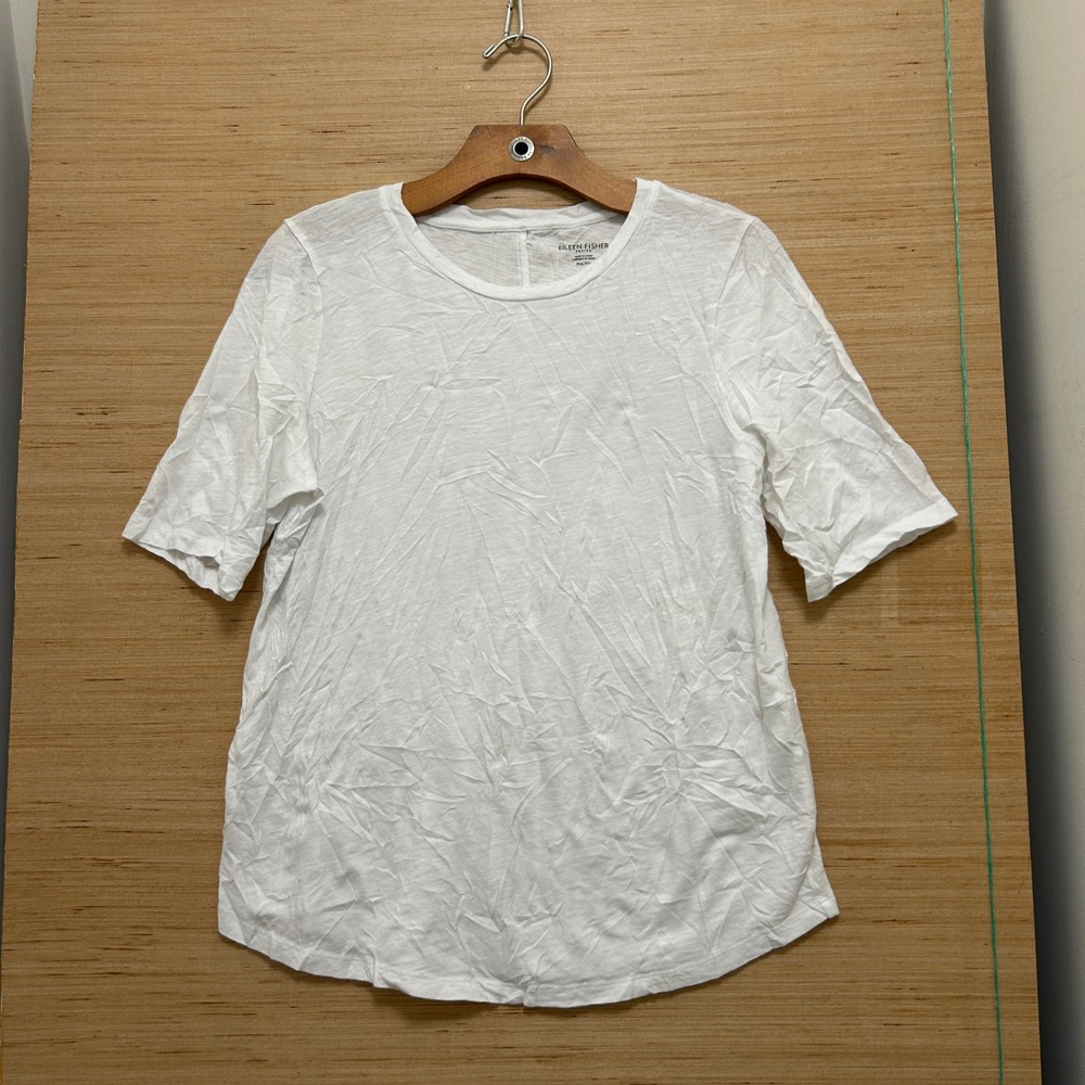 Eileen Fisher Petite White Slub Knit Crewneck Elbow Sleeve Tee PM 7755